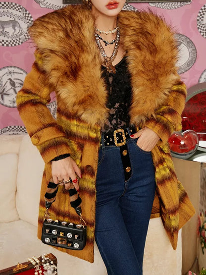 Sun Yuer, daughter of an earl, eco-friendly large fur collar, high-definition wool-like positioning plaid material, waist-cinching quilted long coat