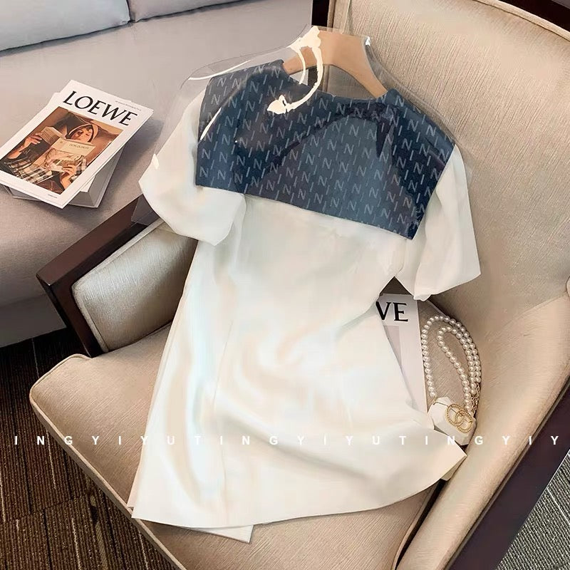French style high-end age-reducing navy collar white dress for women summer slimming puff sleeves first love A-line skirt (V01)