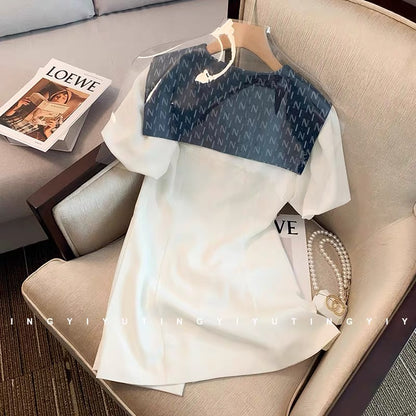 French style high-end age-reducing navy collar white dress for women summer slimming puff sleeves first love A-line skirt (V01)