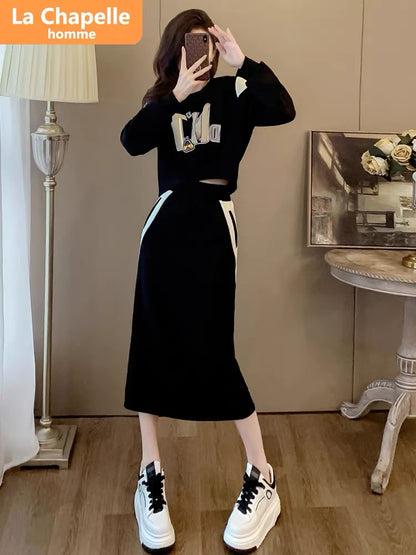 La Chapelle casual sports suit skirt women's autumn and winter 2023 new fashionable style sweatshirt two-piece set plus velvet