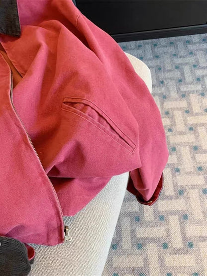 Japanese retro contrast color lapel tooling jacket jacket for men and women spring and autumn fashion design sense loose casual baseball uniform
