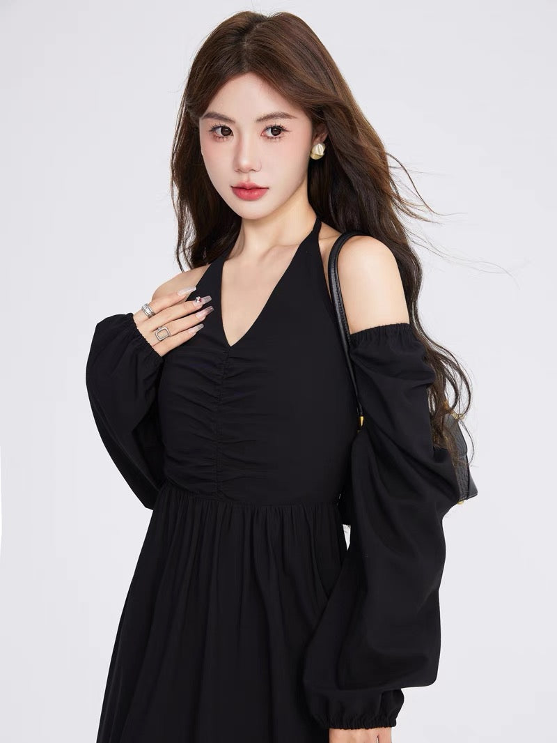 Volstagg black halter neck strapless dress for women autumn high waist Hepburn style mid-length V-neck skirt