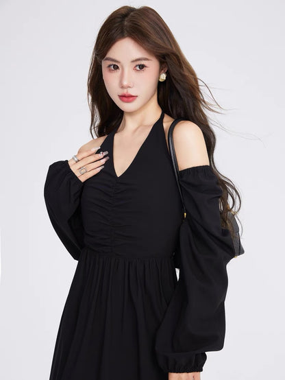Volstagg black halter neck strapless dress for women autumn high waist Hepburn style mid-length V-neck skirt