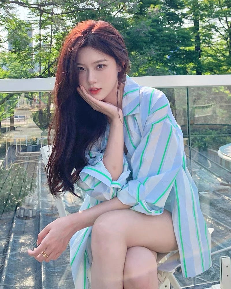 Korean style contrast striped Polo collar sun protection long-sleeved shirt women's summer new style loose outer wear lazy fashionable top