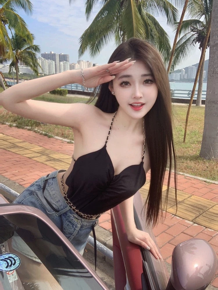 Single is Hell Song Zhiya same style black sling backless chain swimsuit bottoming self-cultivation beautiful back top women's tide