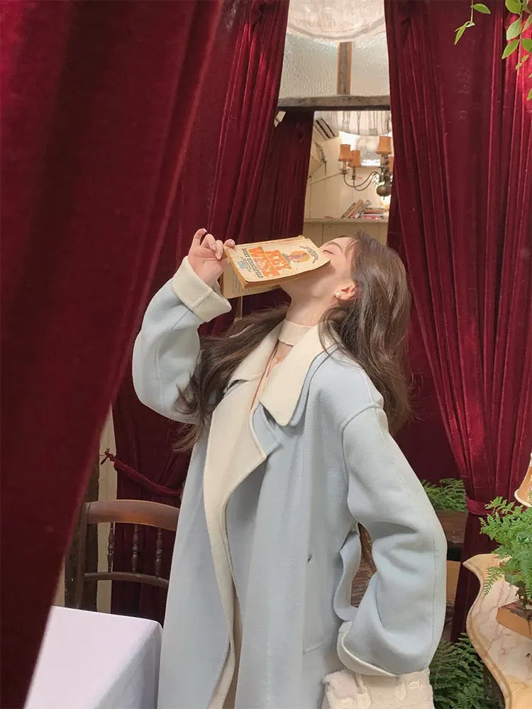 YIYI WANG Korean drama heroine appears~Sea salt blue and white double-layer lapel wool double-sided woolen coat for women