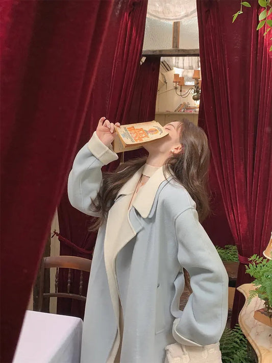 YIYI WANG Korean drama heroine appears~Sea salt blue and white double-layer lapel wool double-sided woolen coat for women