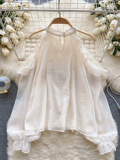 Gentle style chiffon top women's long-sleeved hollow out-shoulder beaded halterneck shirt 2023 new autumn clothing