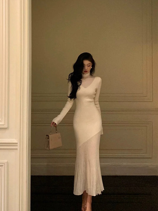 Godfrey French knitted dress for women 2023 autumn and winter new style niche splicing temperament hip-hugging fishtail long skirt