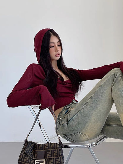 liviahome American hot girl swing collar fungus long-sleeved hooded T-shirt women's early autumn bottoming shirt short top (T191)