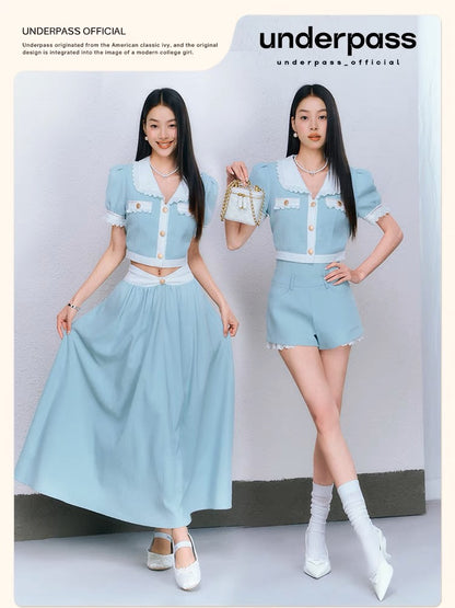 Underpass original design for the daughter of a wealthy woman, puff-sleeved short top, small fragrant style three-piece suit and culottes