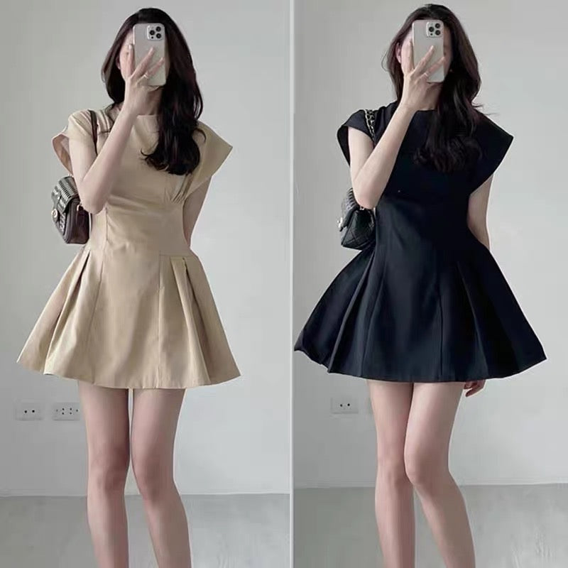 Korean chic summer elegant temperament round neck solid color waist slimming flying sleeves A-line dress skirt female
