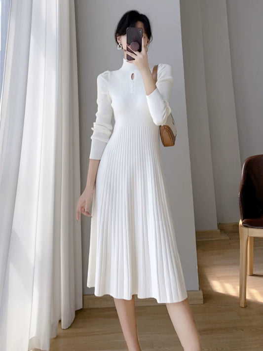 French half-high collar hollow knitted dress for women, autumn and winter waist-cinching temperament, with coat and over-the-knee sweater skirt