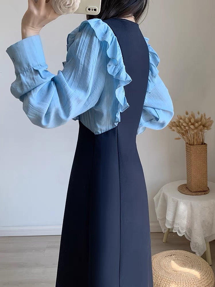 Autumn women's clothing 2023 new high-end A-line long skirt double-breasted French waist slimming light mature style dress