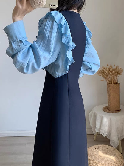 Autumn women's clothing 2023 new high-end A-line long skirt double-breasted French waist slimming light mature style dress