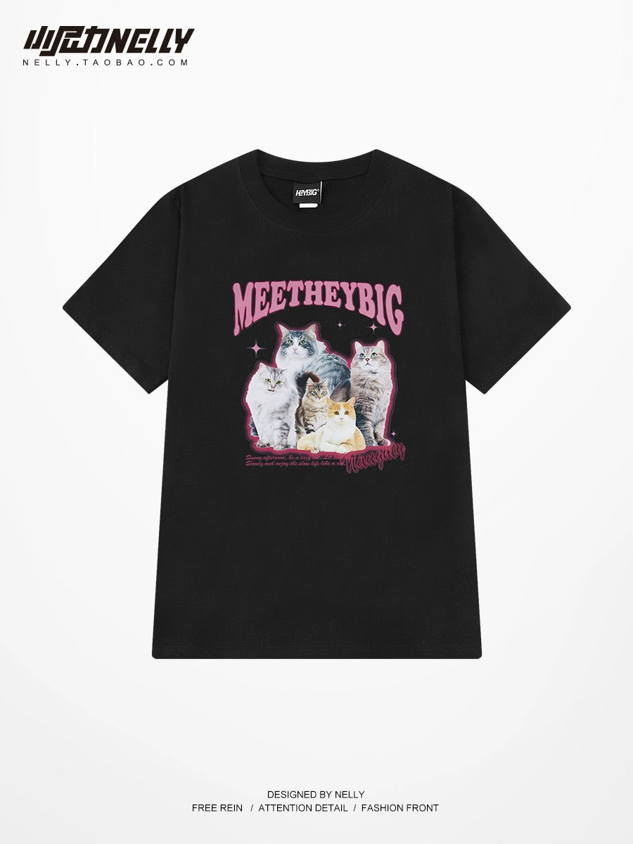 Trendy high street cat print American short-sleeved T-shirt for men and women spring and summer 2024 new loose half-sleeved cotton T-shirt