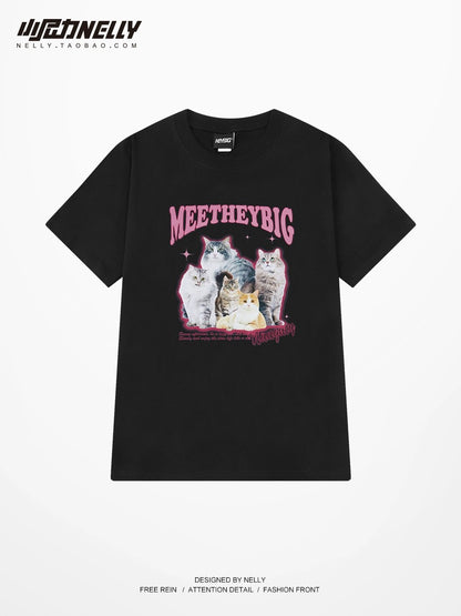Trendy high street cat print American short-sleeved T-shirt for men and women spring and summer 2024 new loose half-sleeved cotton T-shirt