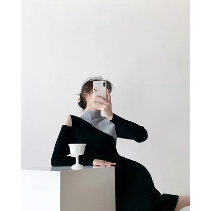 Long-sleeved black knitted bottoming dress for women autumn new slim fit high fashion chic sexy long dress D9293