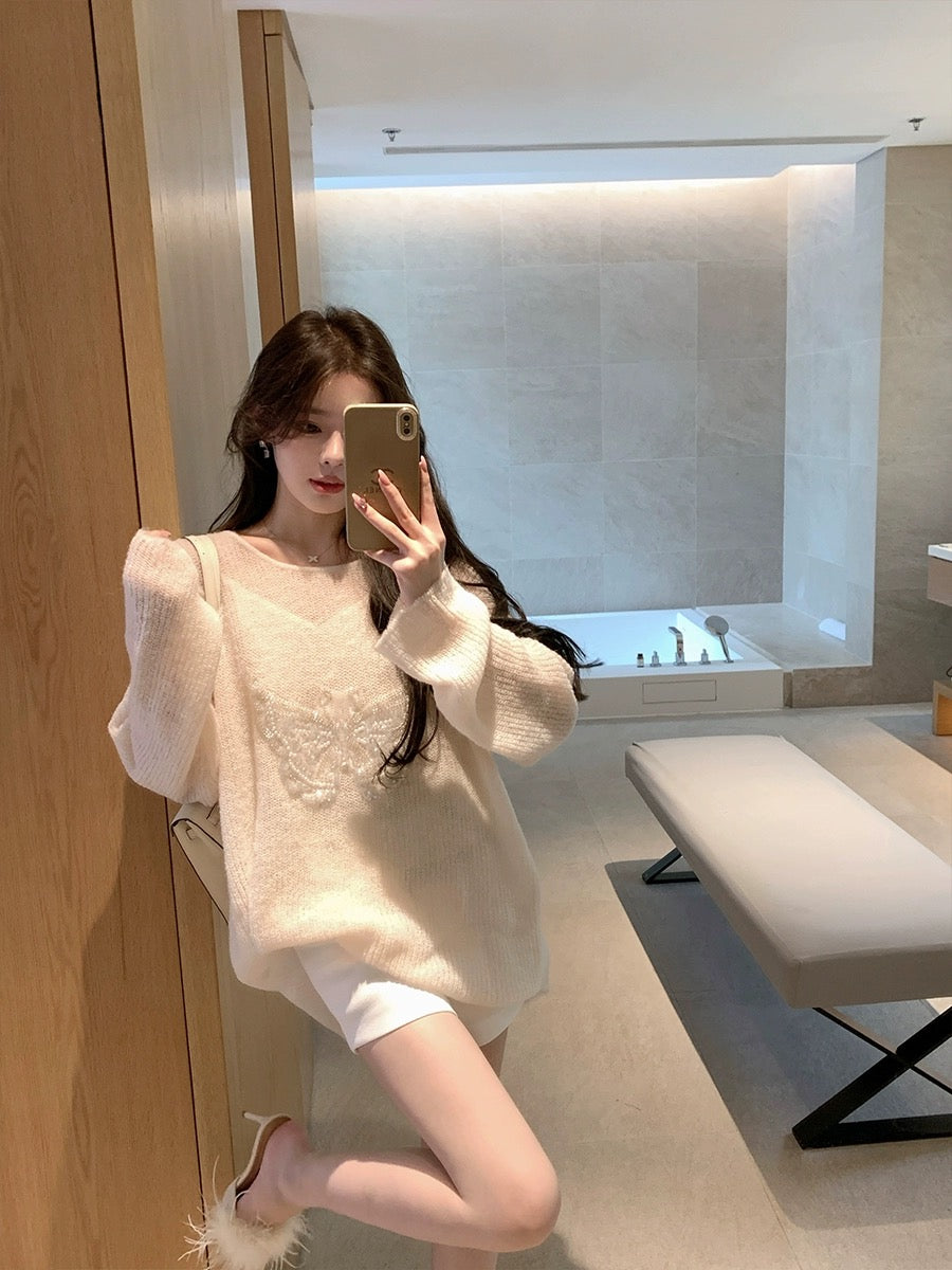 ByYou new 3D bead butterfly fairy apricot white mohair inner sweater women's loose bottoming sweater
