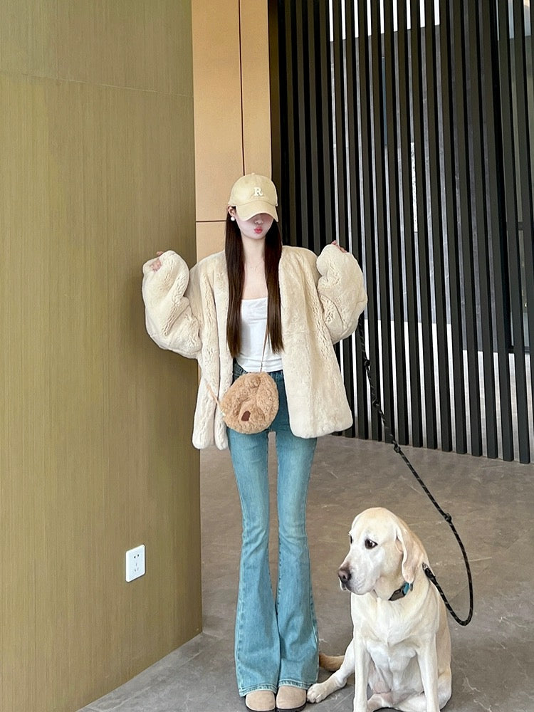 Zhang Bianyi long legs, high waist, slim retro light color micro-flared jeans for women