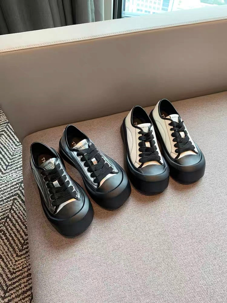 Casual shoes women's 2023 autumn new Korean style fashion lace-up leather color matching thick-soled low-cut sneakers women's shoes