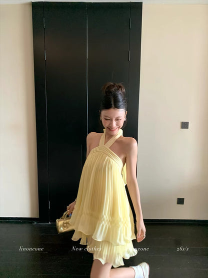 LINONEONE "Dream Prayer" Staycation Chiffon Halter-Neck Camisole Dress – Multi-Layer Pleated Off-Shoulder Style