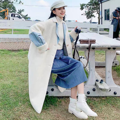 Fashionable denim splicing fur one-piece lamb wool coat for women 2023 winter new loose over-the-knee thickened cotton coat