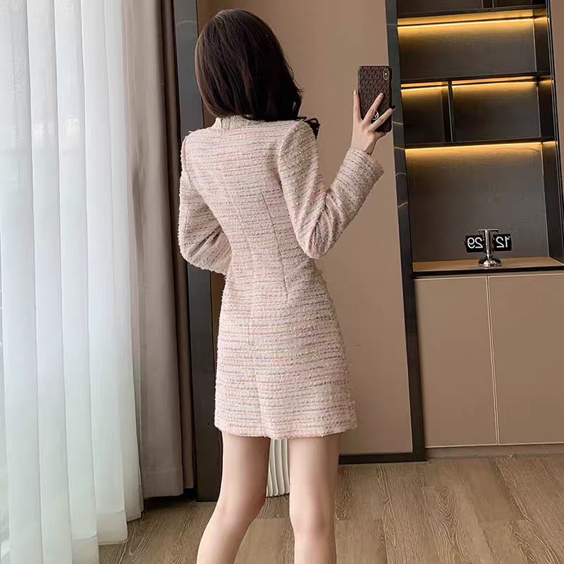 Celebrity Xiaoxiang style A-line skirt women's high-end light luxury style long-sleeved tweed temperament goddess style pink dress autumn