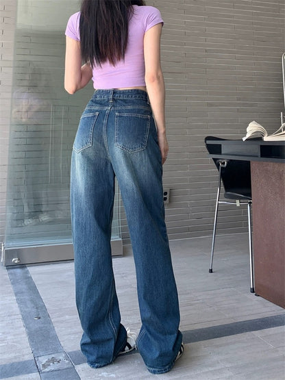 Kumikumi retro dark blue jeans for women spring high waist slim straight loose wide leg pants mopping trousers