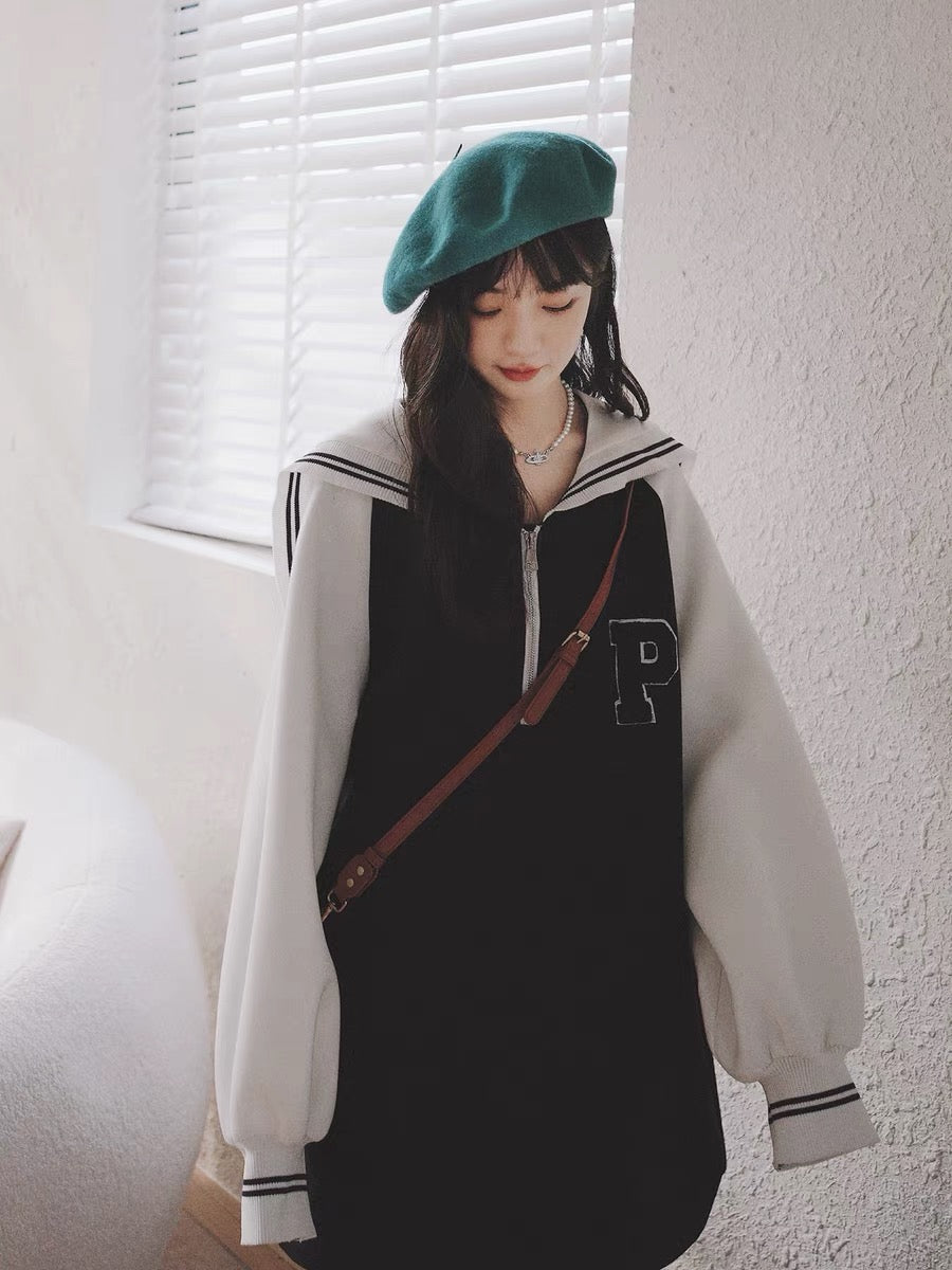 Navy collar sweatshirt dress for women spring mid-length 2023 new small loose sweet college style skirt