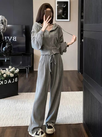 2023 Autumn and Winter New Fashionable and High-end Gray Cardigan Zippered Hooded Sweatshirt Strappy Waist Wide Leg Pants Suit (V6616)
