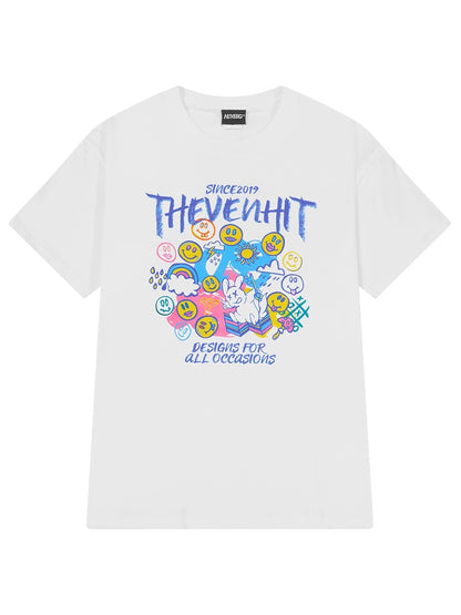 Colorful graffiti print short-sleeved T-shirt for men and women summer 2024 new pure cotton loose round neck boys T-shirt top