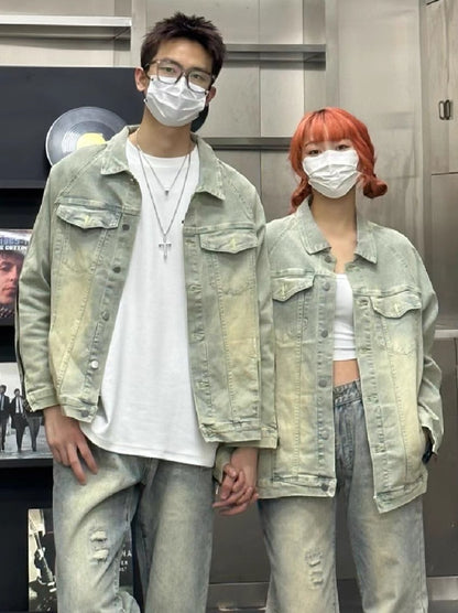 Washed yellow mud denim jacket men's spring and autumn zipper American workwear jacket tide brand couple retro denim jacket gown