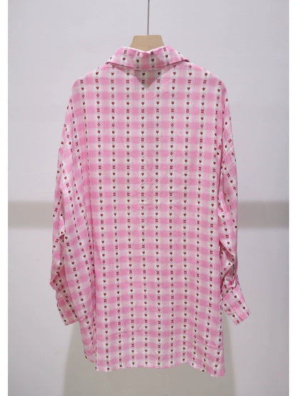 Soft and thin love lace stitching 2024 summer loose medium-length short front and long back plaid long-sleeved cotton shirt for women