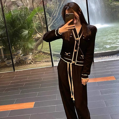 Early spring 2023 new high-end Hong Kong style retro chic Korean style knitted wide-leg pants two-piece suit for women in autumn and winter