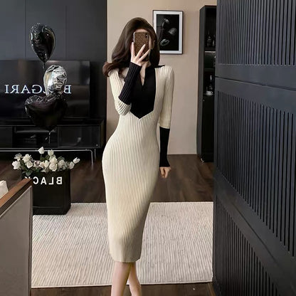 Mid-length inner-layered high-end and elegant French-style small fragrance style color-blocked knitted dress for women in autumn and winter sweater skirt