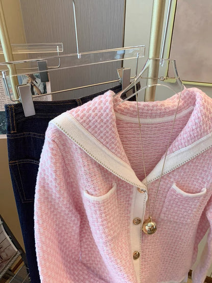 Xiaoxiang style pink navy collar knitted cardigan autumn and winter women's 2023 new style gentle style sweet short sweater jacket