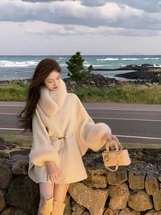 [Iceland Lovers] du family color fox fur double-sided woolen coat thick autumn and winter temperament cape style coat women's woolen coat A3312