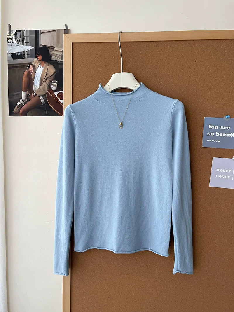 Retro soft and sticky cashmere rolled-edge turtleneck knit sweater for women, autumn and winter, gentle and versatile layering base layer top.