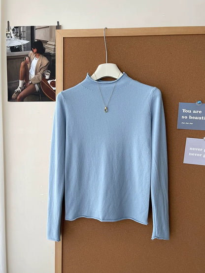 Retro soft and sticky cashmere rolled-edge turtleneck knit sweater for women, autumn and winter, gentle and versatile layering base layer top.