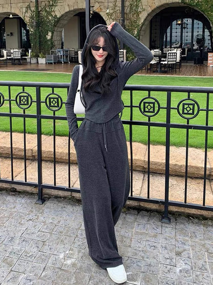 American fishbone hooded sweatshirt suit for women, spring and autumn 2023 new fashion casual wide-leg pants two-piece set with western style