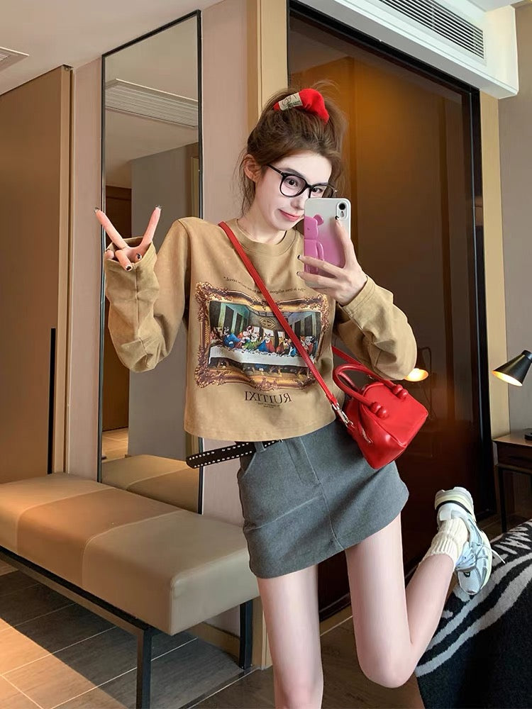 Maillard wears right shoulder long-sleeved T-shirt for women 2023 new early autumn American retro short bottoming shirt top ins (B6917)
