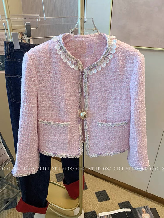 Xiaoxiangfeng pink heavy woven tweed short coat for women 2023 autumn and winter new style lady chic slimming top
