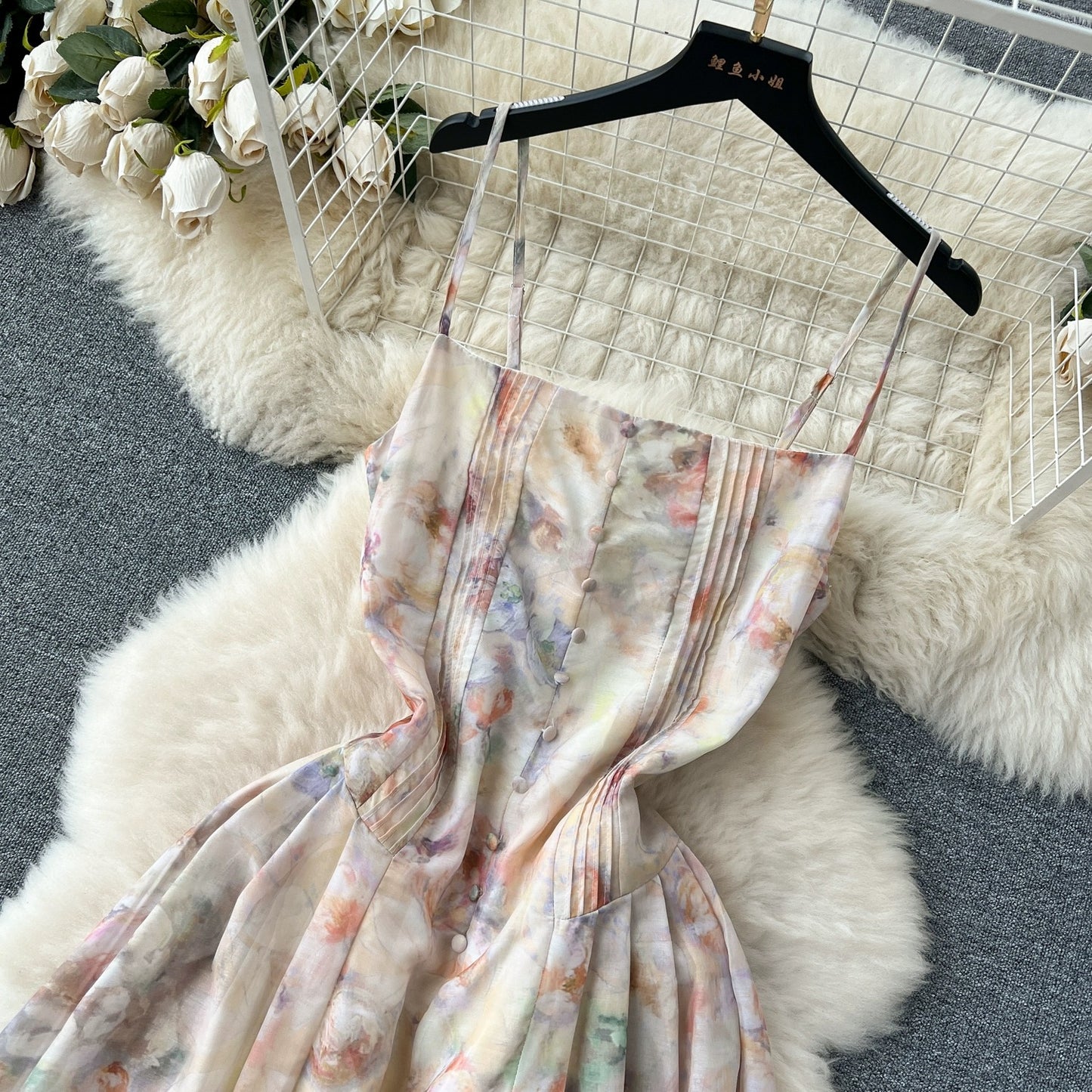 French floral chiffon suspender dress for women summer new high-waist slimming temperament super fairy style holiday long skirt