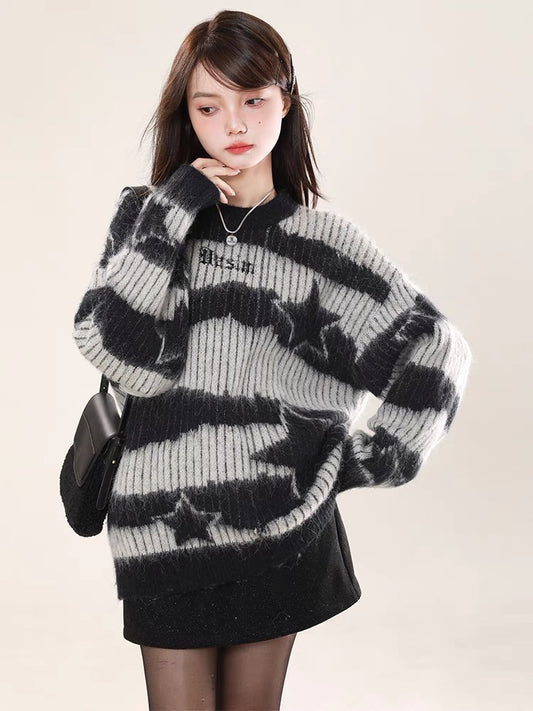 Big sim small sim contrasting striped sweater autumn and winter women's lazy style high-end American retro loose pullover top V1163