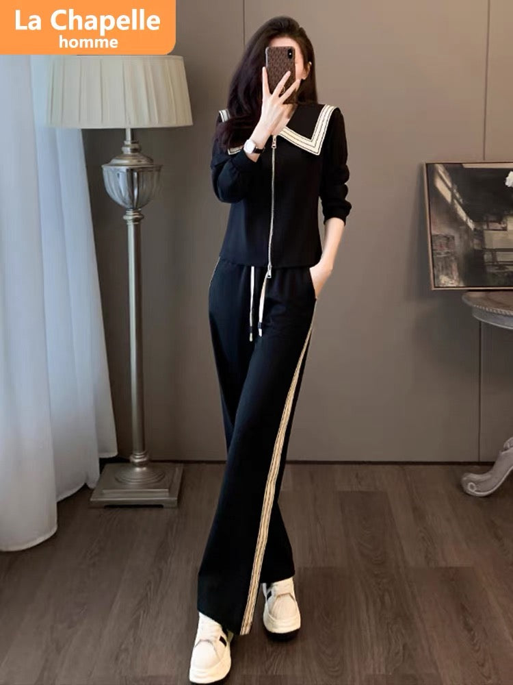 La Chapelle French Navy Collar Casual Sports Suit Women's Autumn 2023 New Small Fragrance Style Wide-Leg Pants Two-piece Set