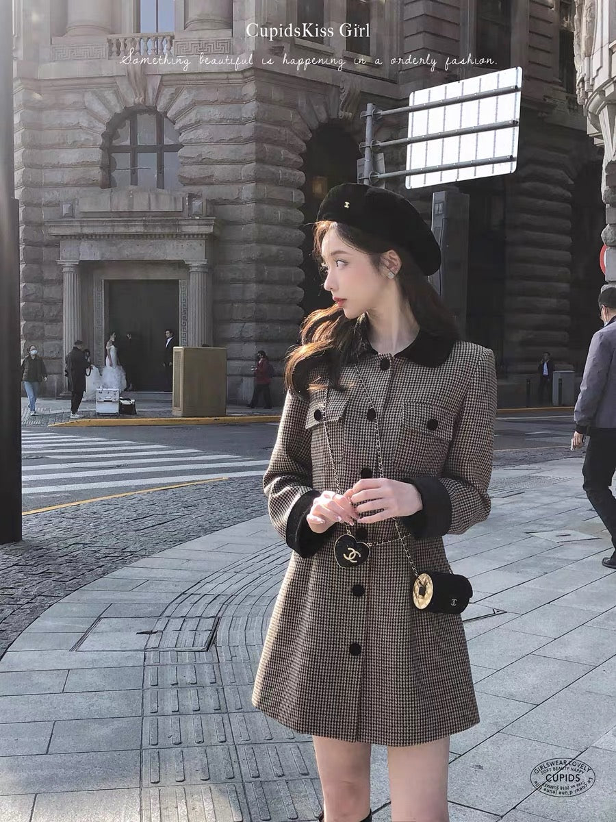 csk Cupid Velvet Latte Latte Houndstooth Dress Women's Spring and Autumn Imported Velvet Slim Skirt