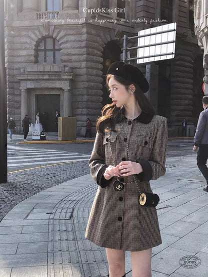 csk Cupid Velvet Latte Latte Houndstooth Dress Women's Spring and Autumn Imported Velvet Slim Skirt