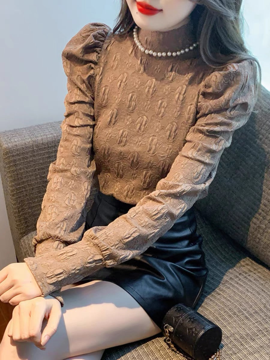 French beaded half turtleneck puff sleeve lace shirt for women autumn and winter new style slim and fashionable inner layering shirt top (B2313)