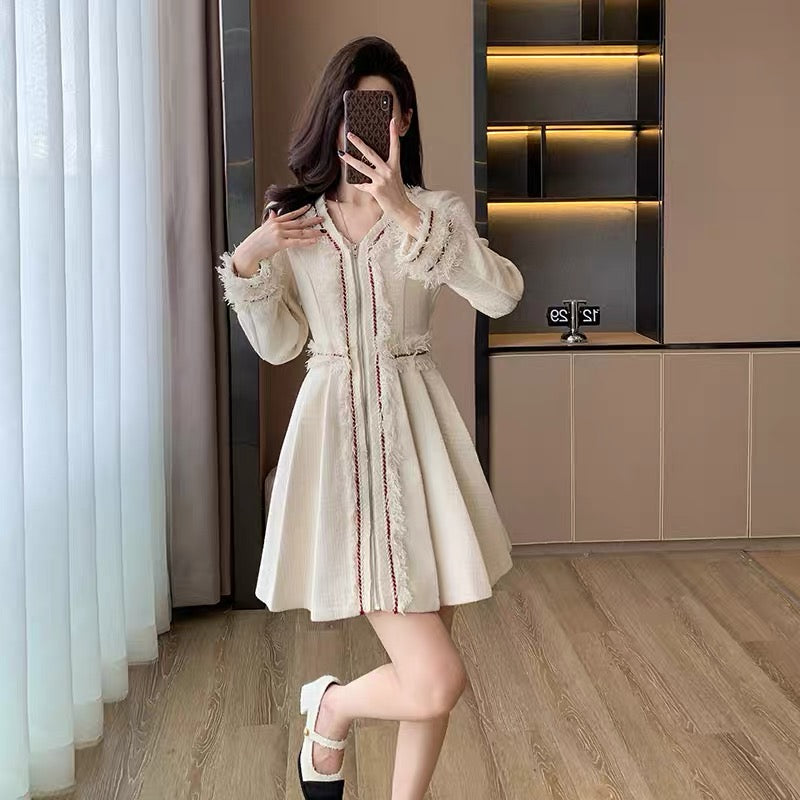 French fashion lady's small fragrant style tweed dress for women autumn new light luxury and foreign style age-reducing pleated skirt